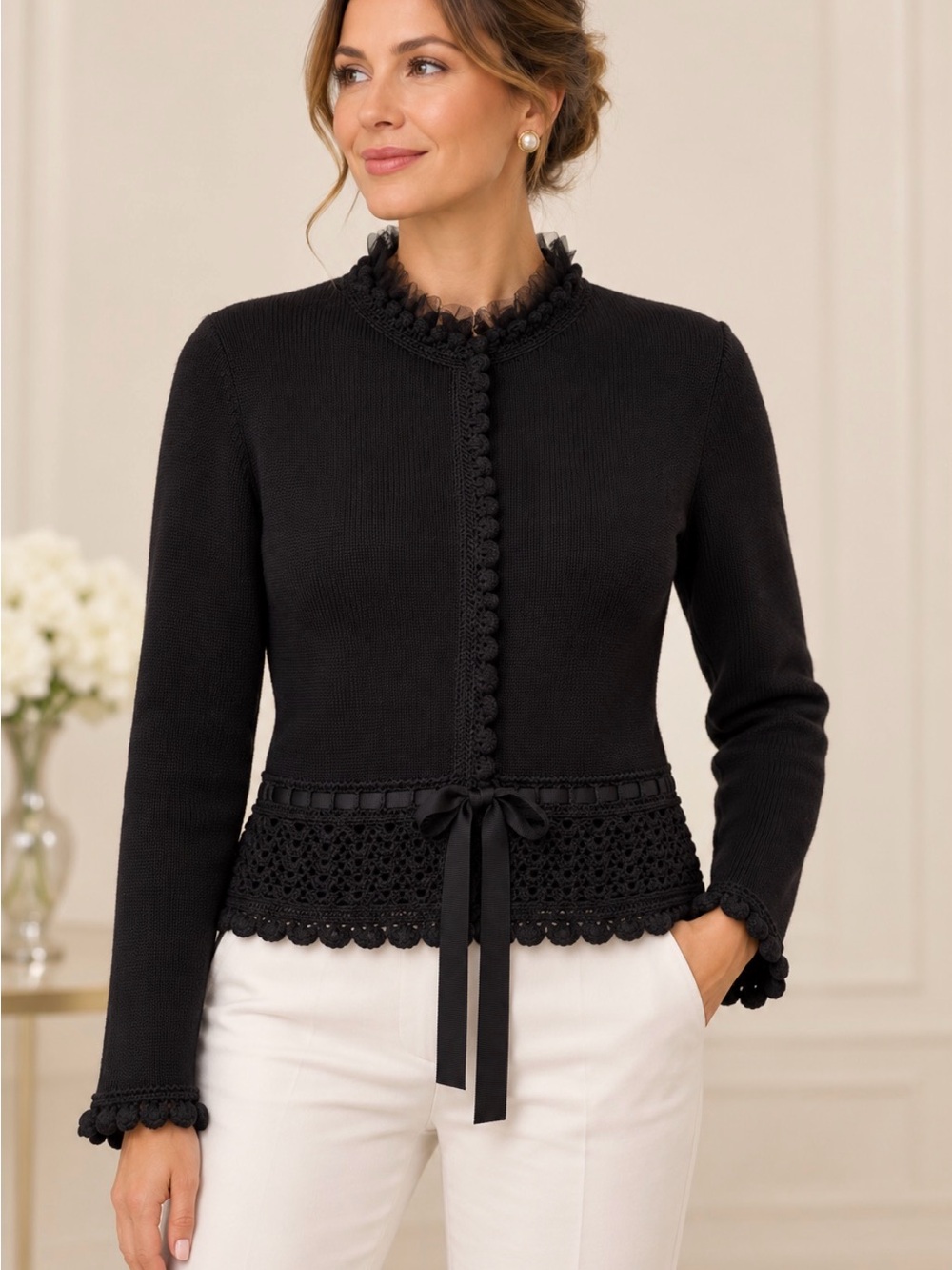 Signature Sax Fifth Avenue Black Crochet-Trim Cardigan Sweater